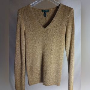 LAUREN RALPH LAUREN GOLD METALLIC V-NECK LONG SLEEVE SWEATER